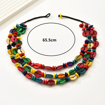 Hawaiian Vacation Tropical Round Multicolor Beaded Fabric Shell Handmade Women's Three Layer Necklace Long Necklace