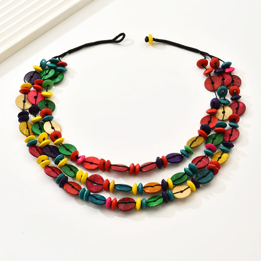 Hawaiian Vacation Tropical Round Multicolor Beaded Fabric Shell Handmade Women's Three Layer Necklace Long Necklace