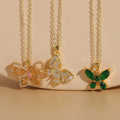 Elegant Classic Style Butterfly Copper 14k Gold Plated Zircon Necklace In Bulk
