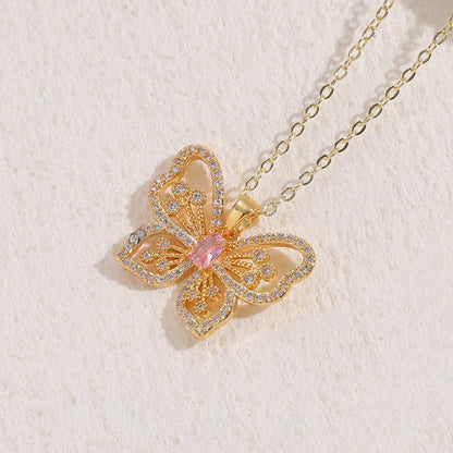 Elegant Classic Style Butterfly Copper 14k Gold Plated Zircon Necklace In Bulk