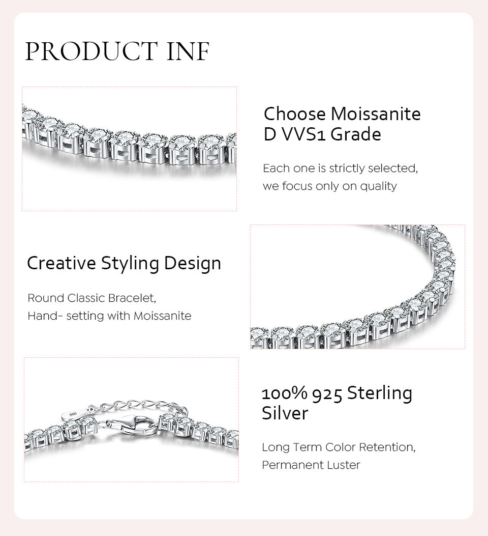 Ig Style Solid Color Sterling Silver Gra Plating Inlay Moissanite White Gold Plated Bracelets