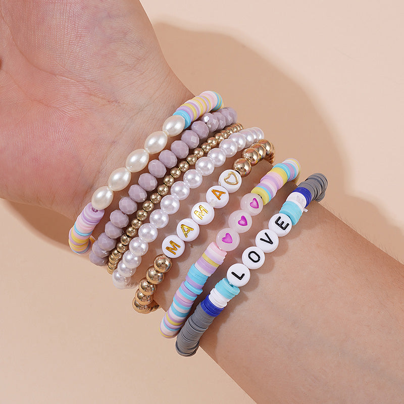 Vacation Multicolor Letter Plaid Gold Plated Imitation Pearl Soft Clay Wholesale Bracelets