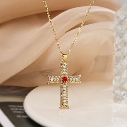 Simple Style Commute Cross Copper 18k Gold Plated Artificial Pearls Zircon Pendant Necklace In Bulk
