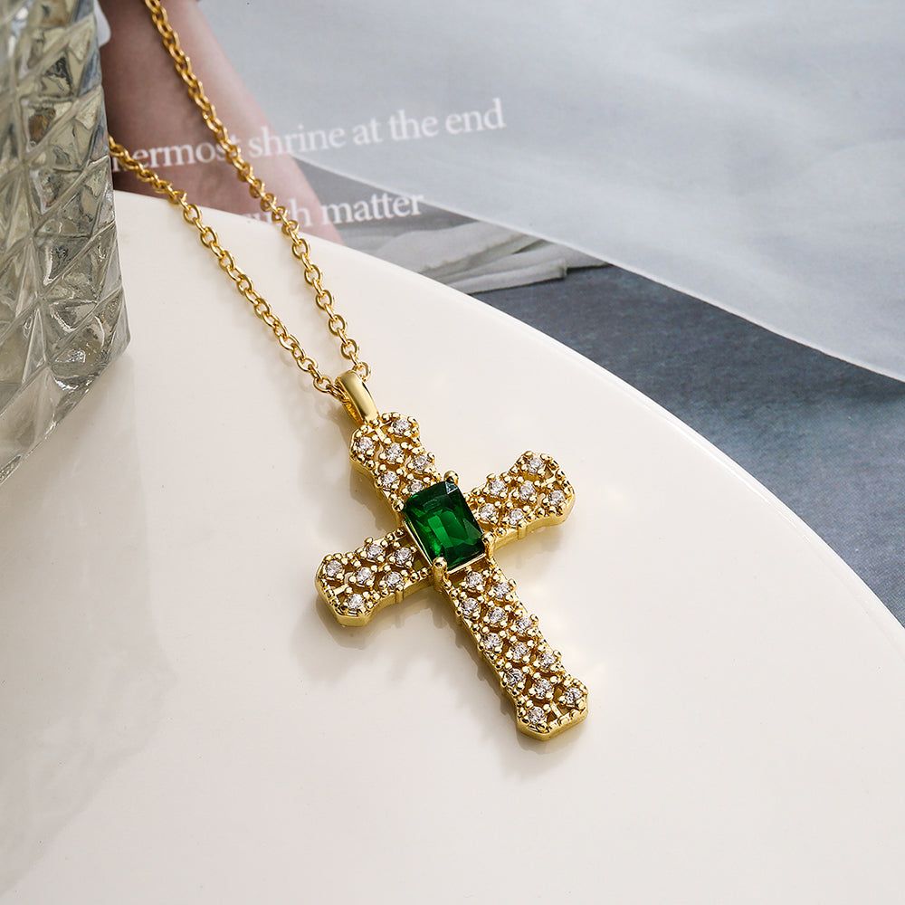 Simple Style Commute Cross Copper 18k Gold Plated Artificial Pearls Zircon Pendant Necklace In Bulk