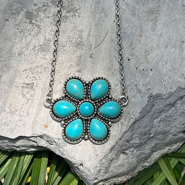 Retro Flower Alloy Titanium Steel Inlay Turquoise Women's Pendant Necklace