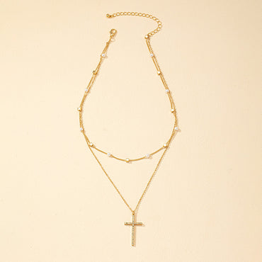 Simple Style Classic Style Cross Alloy Plating Inlay Artificial Rhinestones 14k Gold Plated Women's Double Layer Necklaces