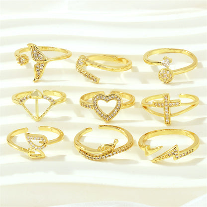 Simple Style Cross Heart Shape Fish Tail Copper Plating Inlay Zircon 18k Gold Plated Open Rings
