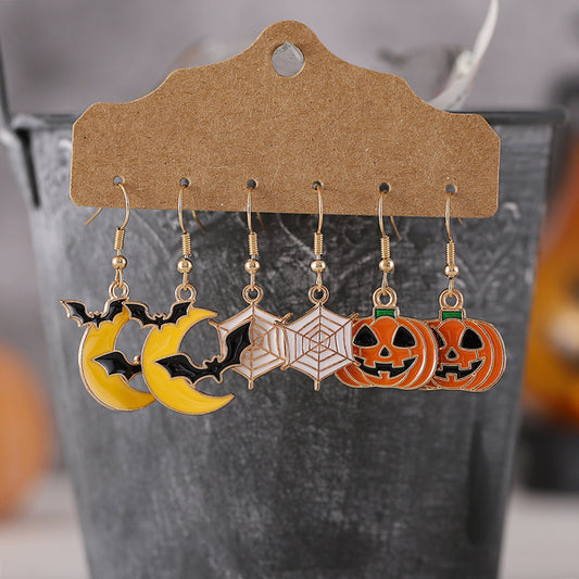 3 Pairs Cute Funny Pumpkin Spider Web Bat Alloy Drop Earrings
