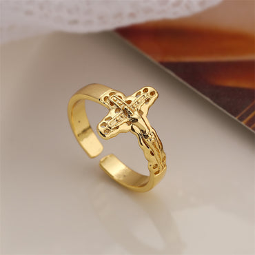Retro Cross Letter Copper Plating Inlay Zircon Gold Plated Open Rings