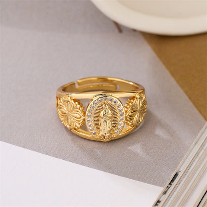 Retro Cross Letter Copper Plating Inlay Zircon Gold Plated Open Rings