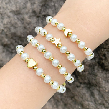 Ig Style Fashion Simple Style Star Moon Heart Shape Imitation Pearl Copper Beaded Plating 18k Gold Plated Women's Bracelets