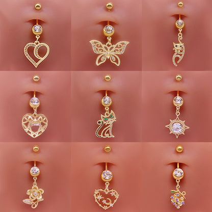 Simple Style Heart Shape Cat Butterfly Stainless Steel Sequin Copper White Gold Plated Gold Plated Rhinestones Zircon Belly Ring In Bulk