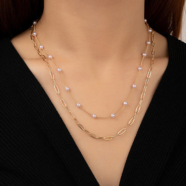 Simple Style Solid Color Imitation Pearl Patchwork Women's Double Layer Necklaces