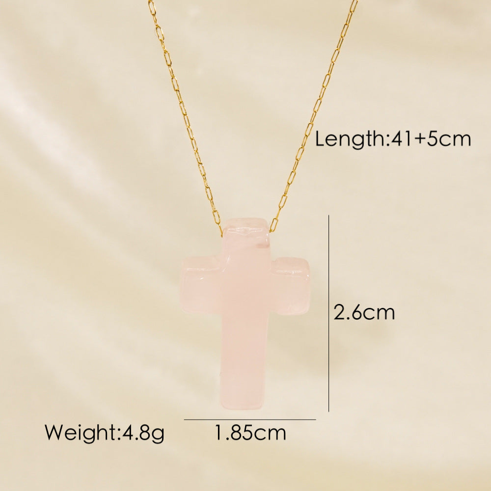Basic Cross Natural Stone Plating 14k Gold Plated Pendant Necklace
