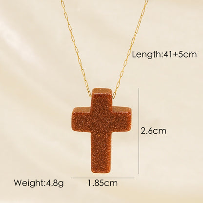 Basic Cross Natural Stone Plating 14k Gold Plated Pendant Necklace