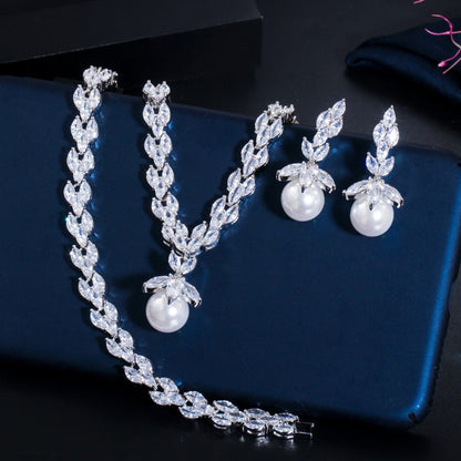 Luxurious Bridal Water Droplets Copper Plating Inlay Artificial Gemstones Artificial Pearls Shell White Gold Plated Rhodium Plated Jewelry Set