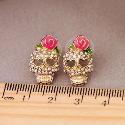 1 Pair Lady Paper Clip Water Droplets Skull Plating Inlay Alloy Rhinestones 24k Gold Plated Earrings Ear Studs