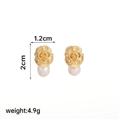 1 Pair Ig Style Retro C Shape Irregular Flower Crystal Pearl Plating Copper 18k Gold Plated Drop Earrings Ear Studs