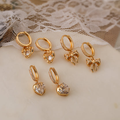 1 Pair Simple Style Commute Heart Shape Bow Knot Plating Inlay Copper Zircon 18k Gold Plated Earrings
