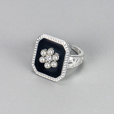 Basic Classic Style Flower Sterling Silver Inlay Artificial Pearls Rhinestones Open Rings