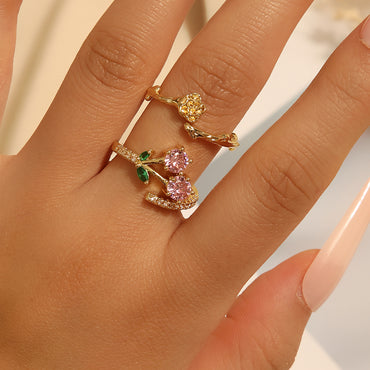 Vintage Style Cherry Flower Copper Plating Inlay Zircon Gold Plated Open Rings