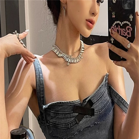 Elegant Vintage Style Geometric Alloy Plating Inlay Rhinestones Silver Plated Women's Necklace