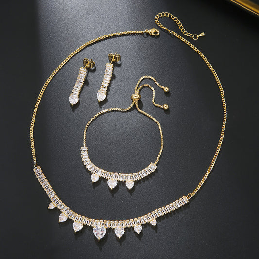 Elegant Solid Color Copper Plating Inlay Zircon 18k Gold Plated Jewelry Set