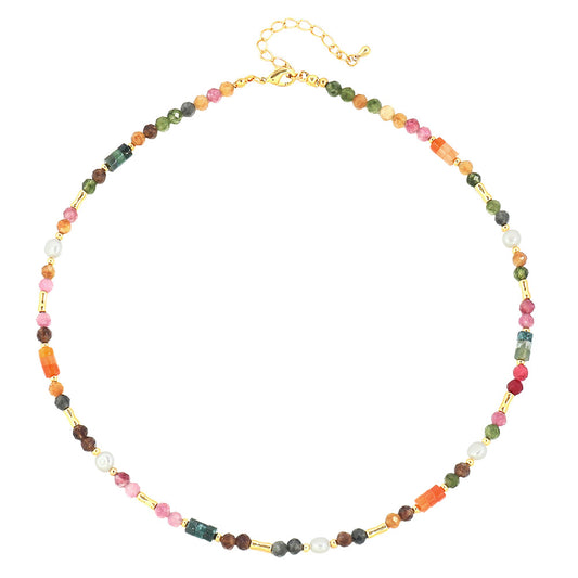 Sweet Geometric Color Block Freshwater Pearl Tourmaline Copper Beaded Handmade Women's Necklace