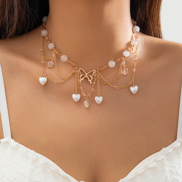 Elegant Sweet Heart Shape Butterfly Imitation Pearl Alloy Agate Crystal Tassel Chain Crystal Agate Women's Choker