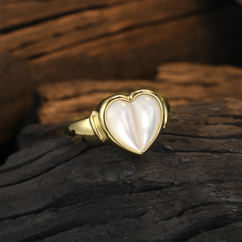 Elegant Sweet Heart Shape Sterling Silver Plating Inlay Shell 24k Gold Plated White Gold Plated Women's Open Rings