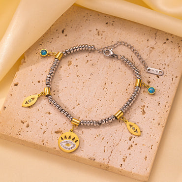Wholesale Classic Style Round Water Droplets Eye Titanium Steel Plating Inlay 18k Gold Plated Turquoise Rhinestones Opal Bracelets Necklace