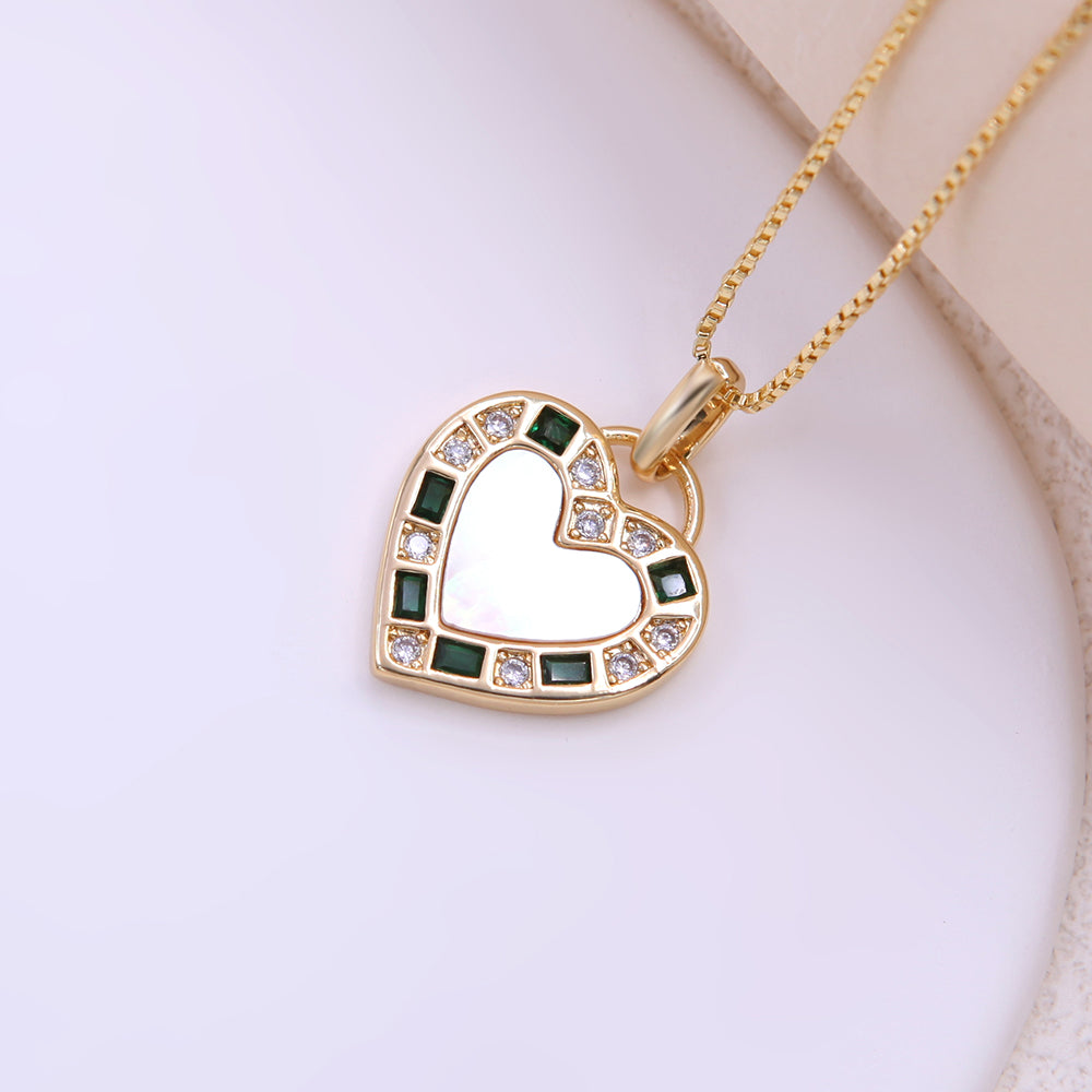 Romantic Heart Shape Copper Plating Inlay Shell Zircon 18k Gold Plated Pendant Necklace