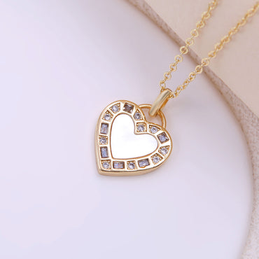 Romantic Heart Shape Copper Plating Inlay Shell Zircon 18k Gold Plated Pendant Necklace