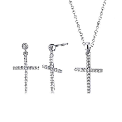Elegant Luxurious Cross Sterling Silver Inlay Zircon Women's Earrings Necklace