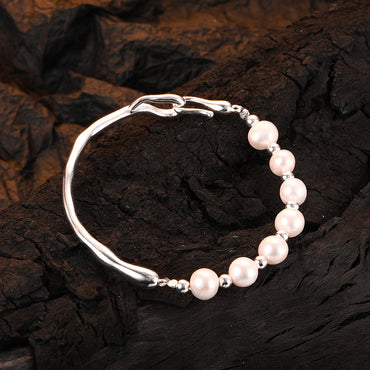 Casual Round Freshwater Pearl Sterling Silver Beaded Plating White Gold Plated Bracelets