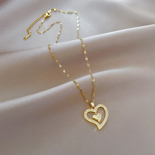 Sweet Simple Style Commute Heart Shape Titanium Steel Copper Inlay Artificial Gemstones Pendant Necklace