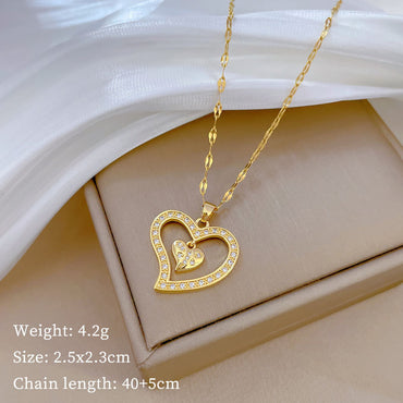 Sweet Simple Style Commute Heart Shape Titanium Steel Copper Inlay Artificial Gemstones Pendant Necklace