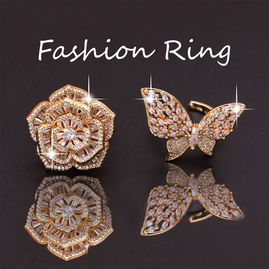 Glam Luxurious Shiny Flower Butterfly Copper Plating Inlay Zircon 18k Gold Plated Open Rings