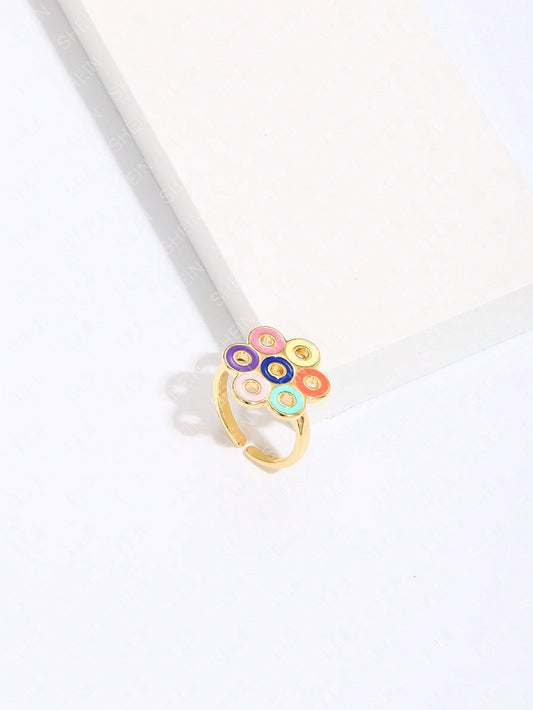Ig Style Simple Style Round Heart Shape Flower Copper Enamel Plating Inlay Zircon 18k Gold Plated Open Rings