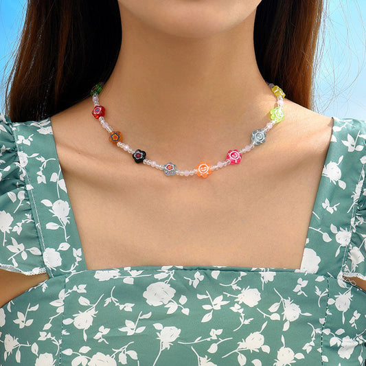 Cute Bohemian Flower Artificial Crystal Alloy Beaded Women's Necklace