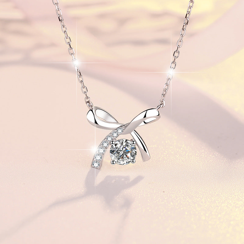 Sterling Silver Elegant Simple Style Bow Knot GRA Plating Moissanite Zircon Pendant Necklace