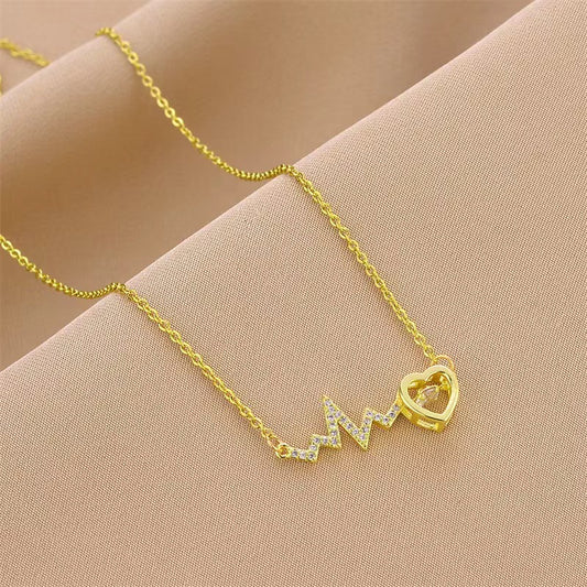 Titanium Steel 18K Gold Plated Elegant Simple Style Commute Electrocardiogram Heart Shape Polishing Inlay Artificial Rhinestones Necklace
