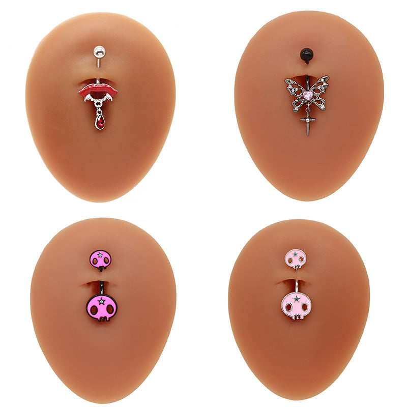 1 Piece Belly Rings Hip-Hop Exaggerated Rock Lips Butterfly Skull Stainless Steel Alloy Epoxy Hollow Out Inlay Rhinestones White Gold Plated