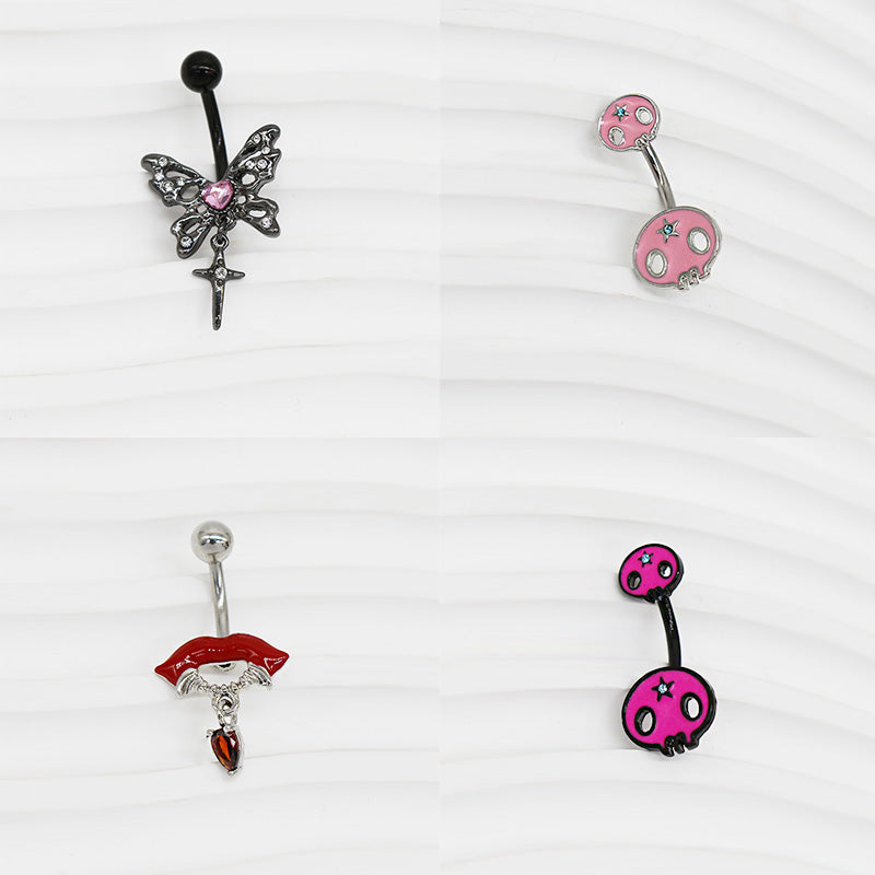 1 Piece Belly Rings Hip-Hop Exaggerated Rock Lips Butterfly Skull Stainless Steel Alloy Epoxy Hollow Out Inlay Rhinestones White Gold Plated