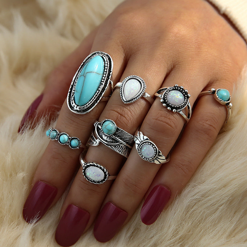 Retro Diamond-studded Turquoise Geometric Ring Set