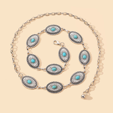 IG Style Ethnic Style Bohemian Round Oval Zinc Alloy Inlay Turquoise Silver Plated Women's Waist Chain
