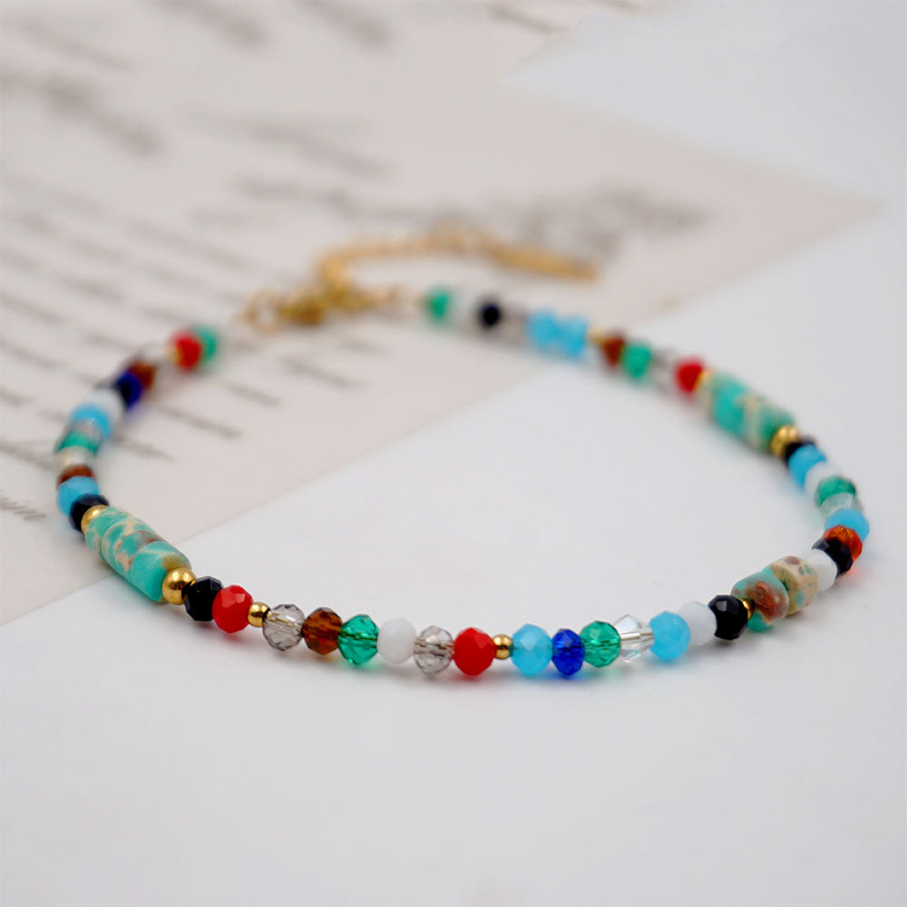 Vacation Beach Sweet Colorful 304 Stainless Steel Artificial Crystal Turquoise Beaded Gold Plated Women's Anklet