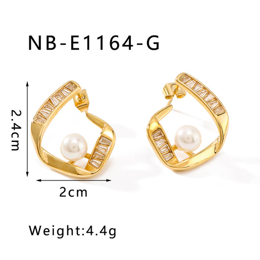 1 Pair IG Style Vintage Style Simple Style Water Droplets Rhombus Hollow Out Inlay 316 Stainless Steel  Pearl Zircon 18K Gold Plated Ear Studs