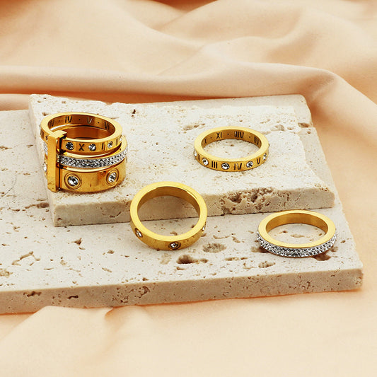 Stainless Steel 18K Gold Plated Basic Letter Inlay Rhinestones Rings