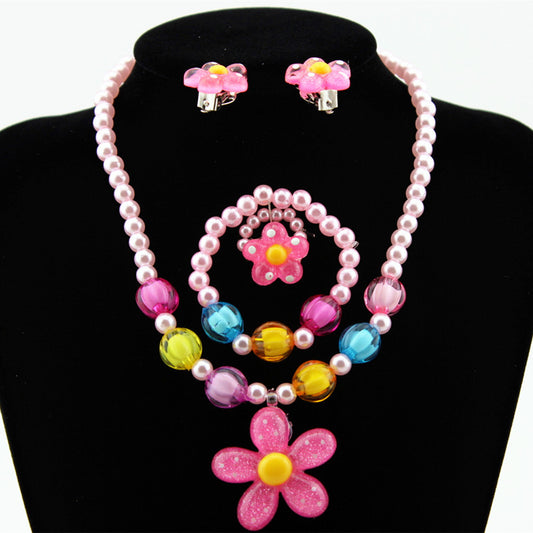 Children's Resin Necklace Bracelet 4 Pcs Set Rings Ear Studs Girls' Plastic Flower-shaped Set Wholesale